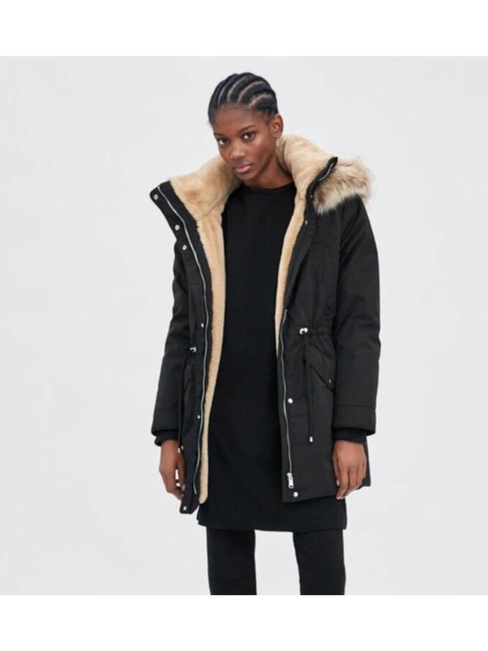 Women's Zara Sorona DuPont Fur Lined Puffer Parka Jacket size L Scandinavian